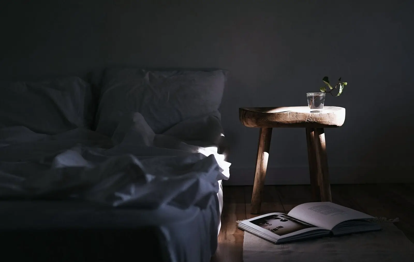 An open book on the floor beside the bed